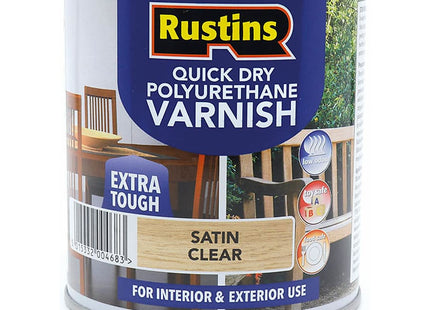 Rustins Quick Dry Poly Varnish Satin Clear -Tough, Water-Based Clear Finish in Gloss, Matt or Satin; Durable Protection for Interior Wood 500ml