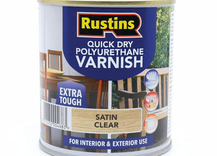 Rustins Quick Dry Poly Varnish Satin Clear -Tough, Water-Based Clear Finish in Gloss, Matt or Satin; Durable Protection for Interior Wood 500ml