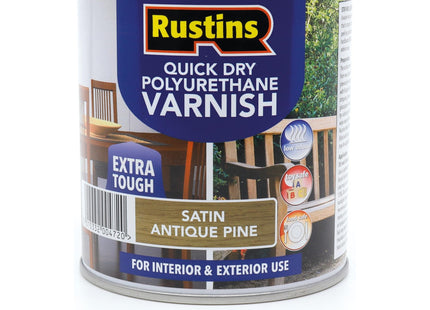 Rustins Quick Dry Poly Varnish Satin A/Pine -Tough, Water-Based Clear Finish in Gloss, Matt or Satin; Durable Protection for Interior Wood 500ml
