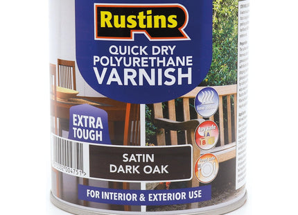 Rustins Quick Dry Poly Varnish Satin Dark Oak -Tough, Water-Based Clear Finish in Gloss, Matt or Satin; Durable Protection for Interior Wood 500ml