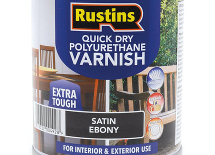 Rustins Quick Dry Poly Varnish Satin Ebony -Tough, Water-Based Clear Finish in Gloss, Matt or Satin; Durable Protection for Interior Wood 500ml