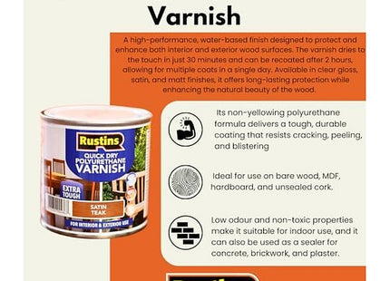Rustins Quick Dry Poly Varnish Satin Ebony -Tough, Water-Based Clear Finish in Gloss, Matt or Satin; Durable Protection for Interior Wood 500ml
