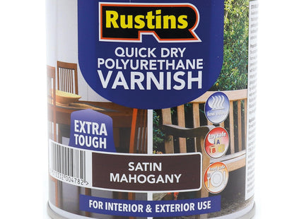 Rustins Quick Dry Poly Varnish Satin Mahogany -Tough, Water-Based Clear Finish in Gloss, Matt or Satin; Durable Protection for Interior Wood 500ml