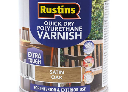 Rustins Quick Dry Poly Varnish Satin Oak -Tough, Water-Based Clear Finish in Gloss, Matt or Satin; Durable Protection for Interior Wood 500ml