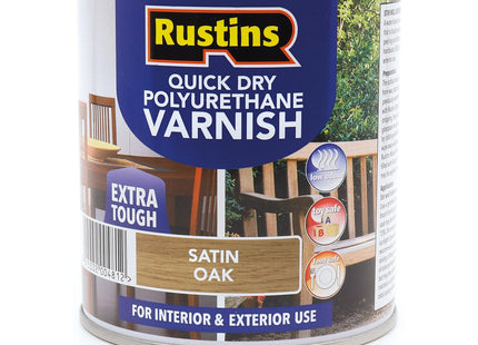 Rustins Quick Dry Poly Varnish Satin Oak -Tough, Water-Based Clear Finish in Gloss, Matt or Satin; Durable Protection for Interior Wood 500ml