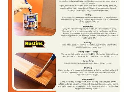 Rustins Quick Dry Poly Varnish Satin Oak -Tough, Water-Based Clear Finish in Gloss, Matt or Satin; Durable Protection for Interior Wood 500ml