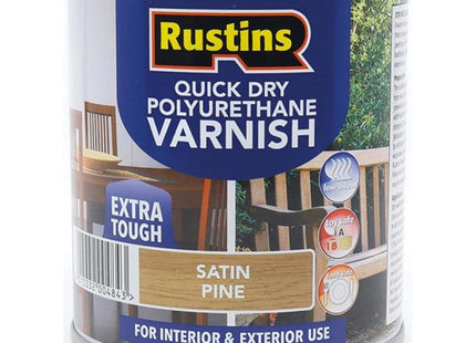Rustins Quick Dry Poly Varnish Satin Pine -Tough, Water-Based Clear Finish in Gloss, Matt or Satin; Durable Protection for Interior Wood 500ml