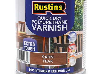 Rustins Quick Dry Poly Varnish Satin Teak -Tough, Water-Based Clear Finish in Gloss, Matt or Satin; Durable Protection for Interior Wood 500ml