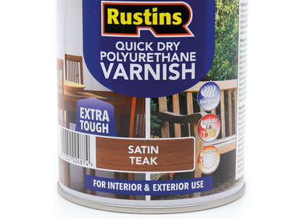 Rustins Quick Dry Poly Varnish Satin Teak -Tough, Water-Based Clear Finish in Gloss, Matt or Satin; Durable Protection for Interior Wood 500ml