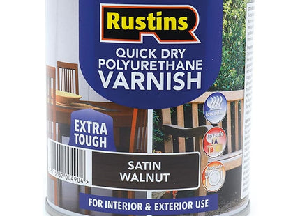 Rustins Quick Dry Poly Varnish Satin Walnut -Tough, Water-Based Clear Finish in Gloss, Matt or Satin; Durable Protection for Interior Wood 500ml