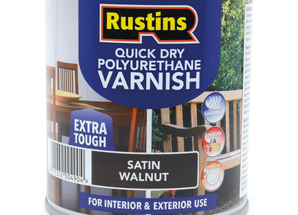 Rustins Quick Dry Poly Varnish Satin Walnut -Tough, Water-Based Clear Finish in Gloss, Matt or Satin; Durable Protection for Interior Wood 500ml
