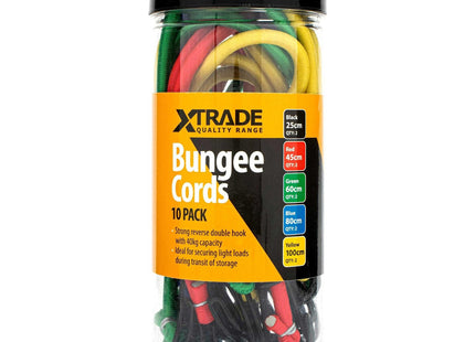 Xtrade Bungee Cords Assorted 10 Pack 25cm 45cm 60cm 80cm 100cm Strong Reverse Double Hook 40kg Capacity For Securing Light Loads X0500005