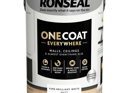 Ronseal One Coat Everywhere Paint Pure Brilliant White Matt 5 Litre