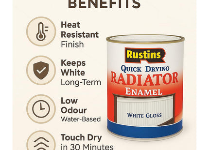 Rustins Quick Drying Radiator Paint White Matt 250ml - - Long-Lasting Heat-Resistant Finish for Radiators and Metal Surfaces, Easy Application