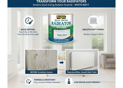 Rustins Quick Drying Radiator Paint White Matt 500ml - - Long-Lasting Heat-Resistant Finish for Radiators and Metal Surfaces, Easy Application