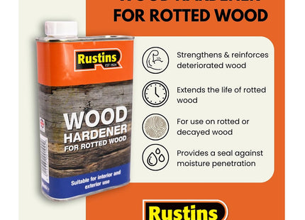 Rustins Wood Hardener for Rotted Wood 250ml -- Repairs Rotted Timber Fast-Acting Formula Reinforces Soft, Damaged Areas Before Filling or Painting