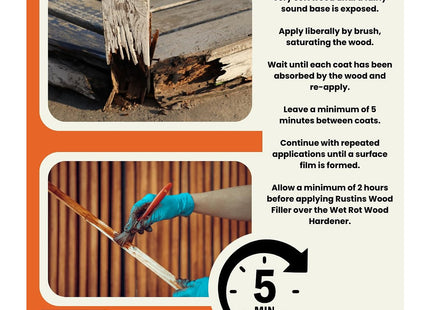 Rustins Wood Hardener for Rotted Wood 250ml -- Repairs Rotted Timber Fast-Acting Formula Reinforces Soft, Damaged Areas Before Filling or Painting