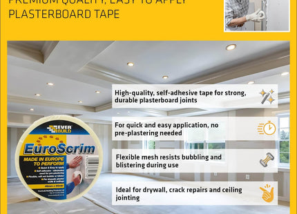 Everbuild - EuroScrim - Self-Adhesive Scrim Tape - High-Tack Adhesive - Off White - 48mm x 90m