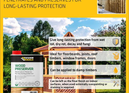 Everbuild Wood Preserver - Interior And Exterior Use - Low Odour - Quick Drying - Long Lasting Protection - Clear - 1 Litre