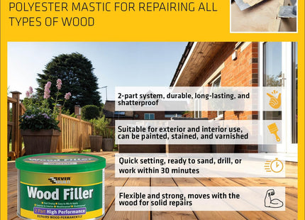 Everbuild 2-Part High Performance Wood Filler - Fast Drying - Weatherproof - Easy to Mix and Apply - White - 500g