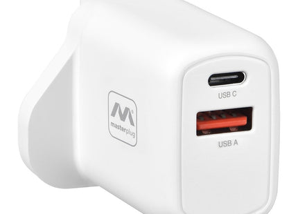 Masterplug Super-Fast USB Charging Plug with USB A and USB C Charging Ports, for Mobiles and Tablets, 30 Watts, White