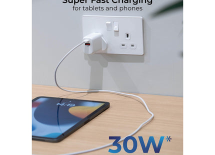 Masterplug Super-Fast USB Charging Plug with USB A and USB C Charging Ports, for Mobiles and Tablets, 30 Watts, White