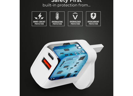 Masterplug Super-Fast USB Charging Plug with USB A and USB C Charging Ports, for Mobiles and Tablets, 30 Watts, White
