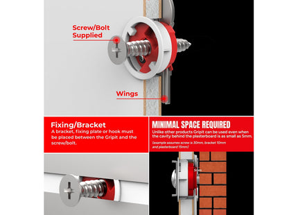 Gripit Red Shelf Kit Pack of 4 Heavy Duty Plasterboard Fixings for Drywall & Stud Walls 74kg