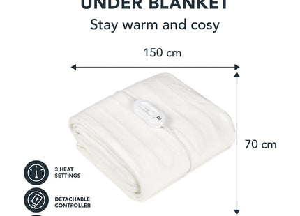 Pifco Single Electric Blanket Heated Electric Under Blanket with 3 Heat Settings with Detachable Controller Easy Fit Straps -Machine Washable White