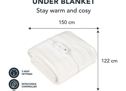 Pifco White Electric Blanket Double Heated Electric Under Blanket with 3 Heat Settings with Detachable Controller Machine Washable