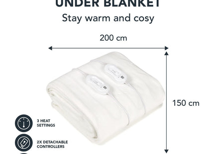 Pifco Electric Blanket King Size Dual Controls Electric Under Blanket with 3 Heat Settings Machine Washable