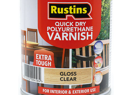 Rustins Quick Dry Poly Varnish Gloss Clear -Tough, Water-Based Clear Finish in Gloss, Matt or Satin; Durable Protection for Interior Wood 1 Litre