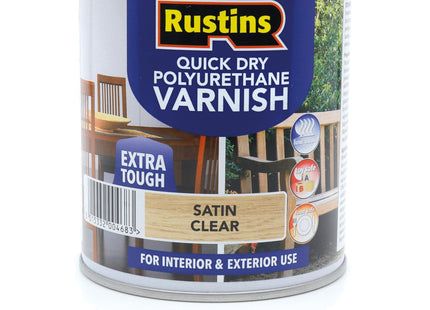 Rustins Quick Dry Poly Varnish Satin Clear -Tough, Water-Based Clear Finish in Gloss, Matt or Satin; Durable Protection for Interior Wood 1 Litre