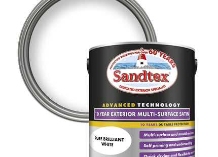 Sandtex 10 Year Multi Surface Satin Paint 2.5 Litre Brilliant White