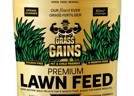 Grass Gains Premium Lawn Feed, scorch free and pet/child friendly. 2kg