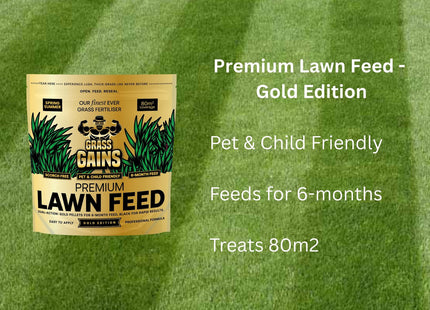 Grass Gains Premium Lawn Feed, scorch free and pet/child friendly. 2kg