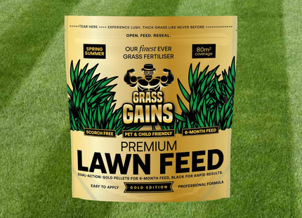 Grass Gains Premium Lawn Feed, scorch free and pet/child friendly. 2kg