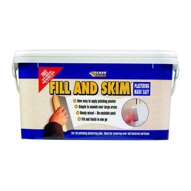 Everbuild Fill and Skim Ready Mixed Plaster Substitute - One Coat Patching Plaster -No Sanding Required -White - 5 Litre