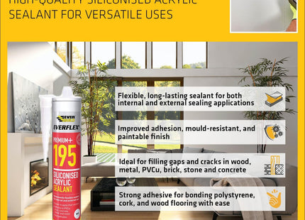 Everbuild Everflex 195 Premium+ Siliconised Acrylic Sealant - Mould Resistant - Permanently Flexible - Overpaintable - White - 300ml