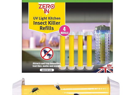 STV Zero In UV Light Kitchen Insect Killer Refills - 4 Pack - Kills Flies, Moths, and Midges Hygienic Disposal Poison-Free, Yellow