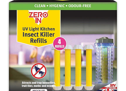 STV Zero In UV Light Kitchen Insect Killer Refills - 4 Pack - Kills Flies, Moths, and Midges Hygienic Disposal Poison-Free, Yellow