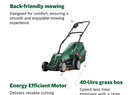 Bosch Corded Lawnmower UniversalRotak 34-410 (230 V, cutting width: 34 cm, 40-litre grass box, with GrassCombs)