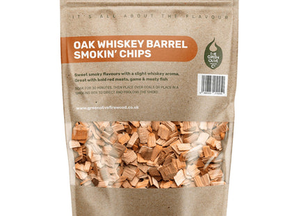 Green Olive Firewood Company Whiskey Oak Wood Chips for smoking, (approx 800g) BBQ Charcoal 3 Litre