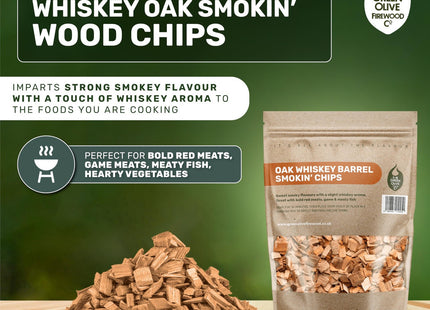 Green Olive Firewood Company Whiskey Oak Wood Chips for smoking, (approx 800g) BBQ Charcoal 3 Litre