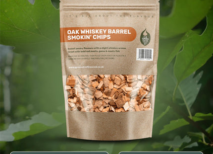 Green Olive Firewood Company Whiskey Oak Wood Chips for smoking, (approx 800g) BBQ Charcoal 3 Litre