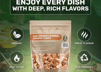 Green Olive Firewood Company Whiskey Oak Wood Chips for smoking, (approx 800g) BBQ Charcoal 3 Litre