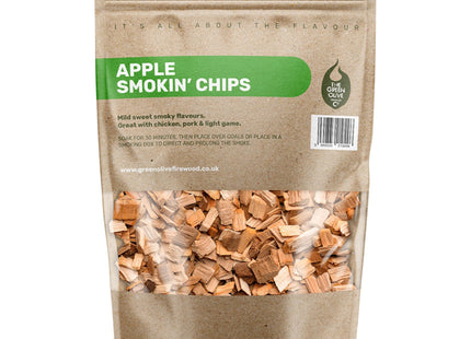 Green Olive Firewood Company Apple Wood Chips for Smoking, (approx 800g) BBQ Charcoal and Gas BBQ's, Hardwood Smoking Meat 3 Litre