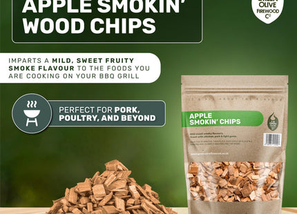 Green Olive Firewood Company Apple Wood Chips for Smoking, (approx 800g) BBQ Charcoal and Gas BBQ's, Hardwood Smoking Meat 3 Litre