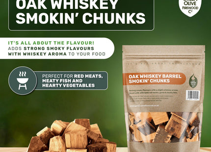 Green Olive Firewood Company Whiskey Wood Chunks for Smoking, (approx 1.5kg) BBQ Charcoal 5 Litre