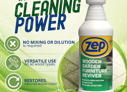 Zep Wooden Garden Furniture Reviver 1 Litre - Outdoor Wood Cleaner & Restorer, Covers 5-8 sq m per litre, Prepares Surface for Wood Polish